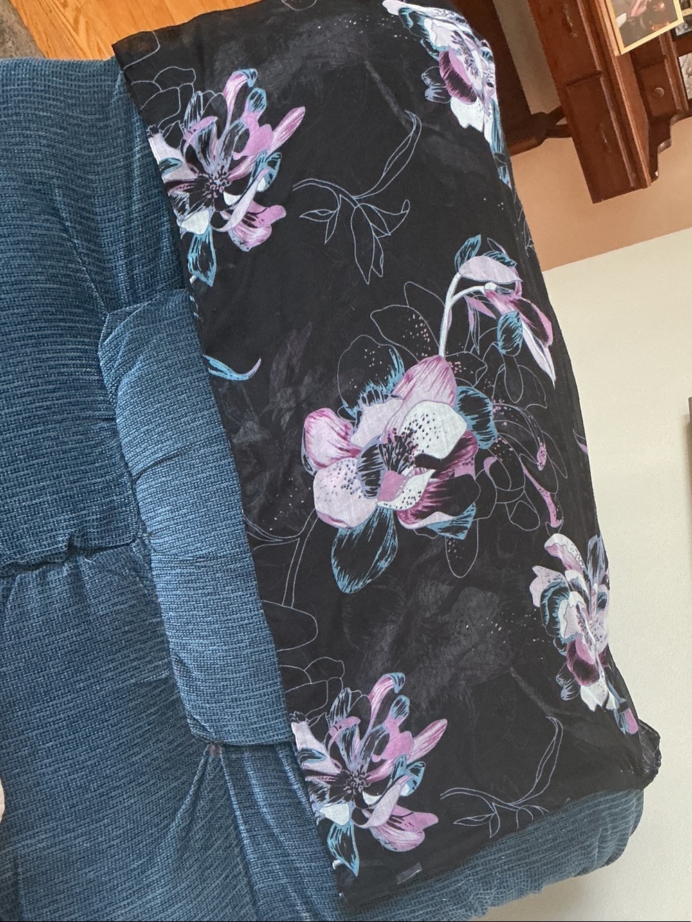 Black Floral Scarf with Pink and Blue Blooms
